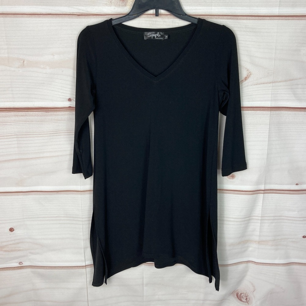 Sympli Top Womens 2 Black V-Neck Tunic 3/4 Sleeve Knit Blouse Side Slit Pullover